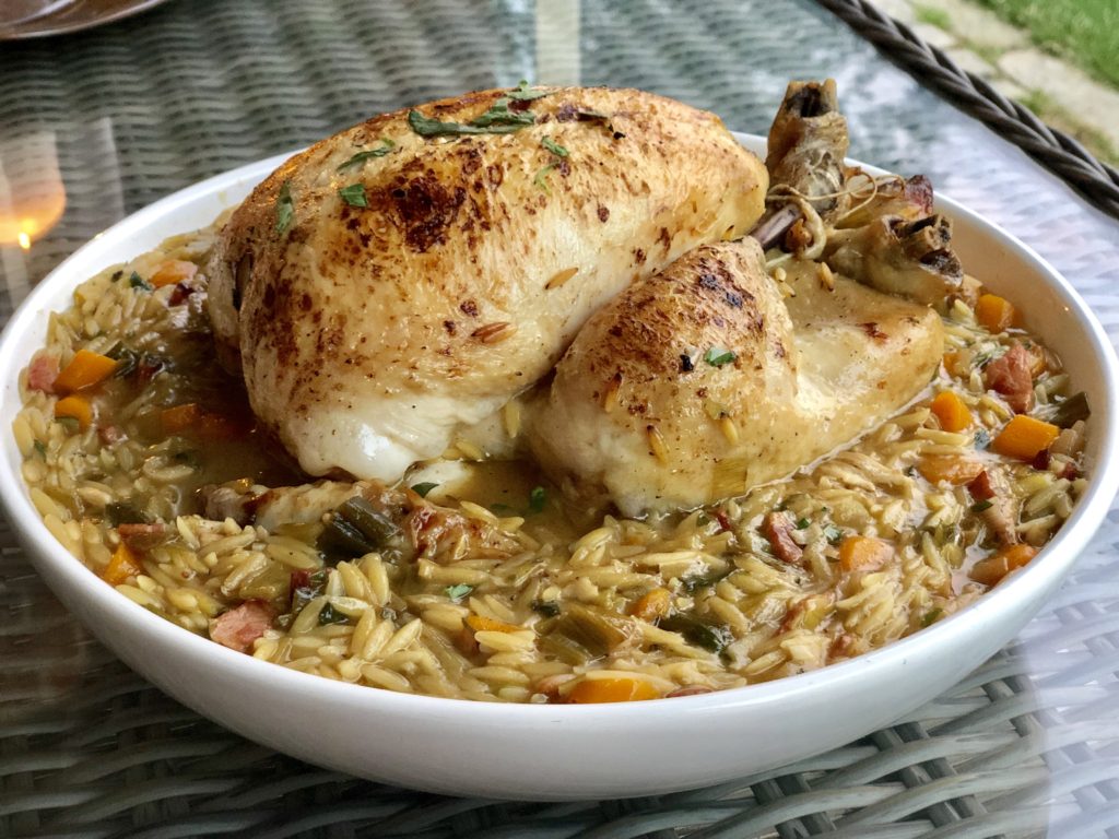 Pot roast chicken with leeks, bacon, tarragon and orzo Northern Woods